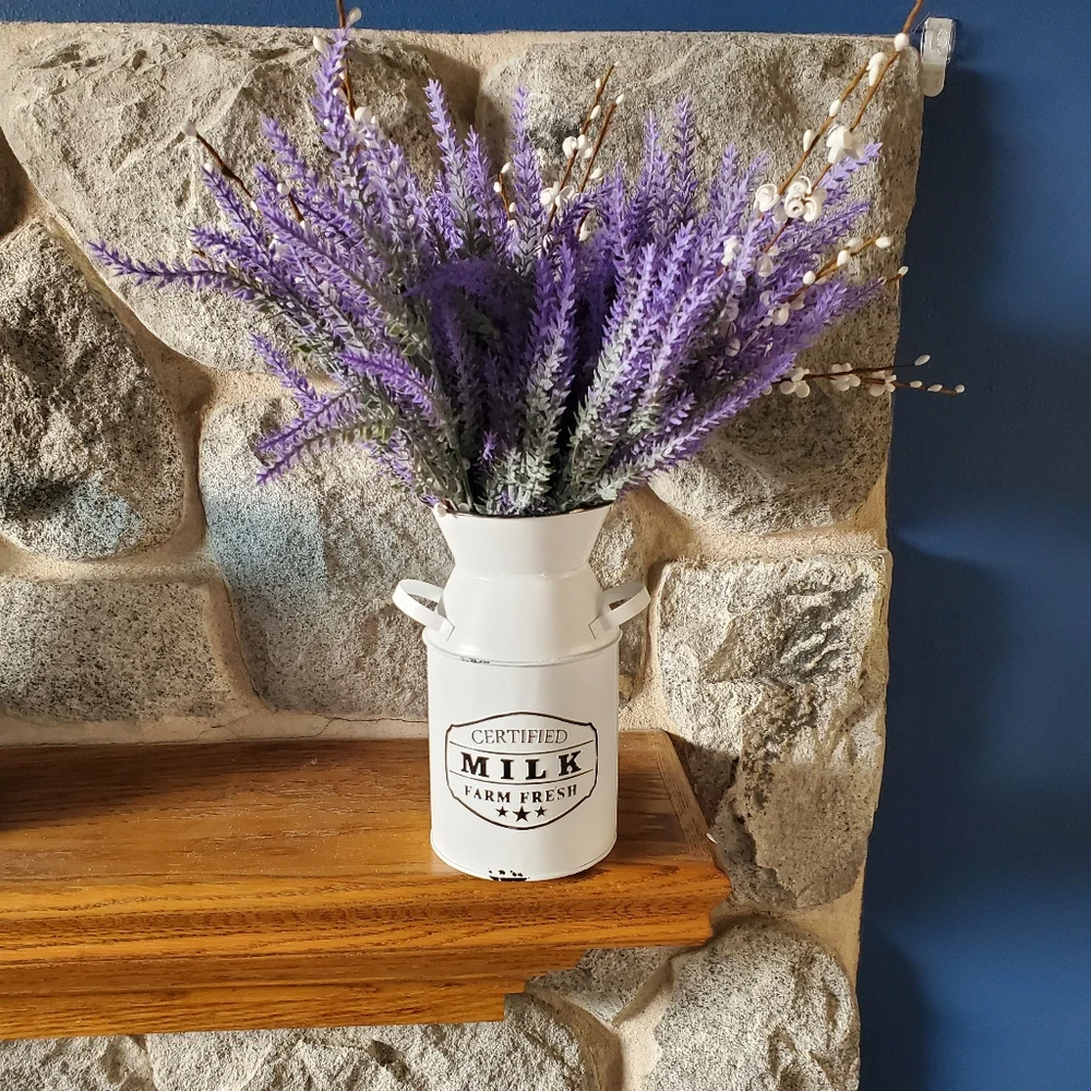 Lavender Artificial Flowers in Milk Jug Metal Vase